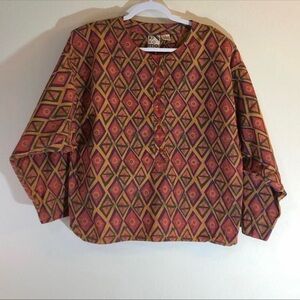 Kikomo Size Large Orange Green Balloon Sleeve Groovy Funky Abstract Button Up